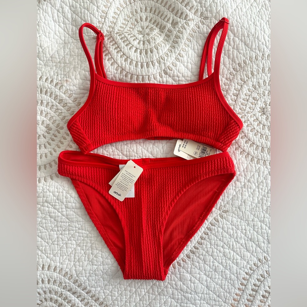 NWT Aerie crinkle straight scoop bikini top full coverage swim bottoms xxs - red